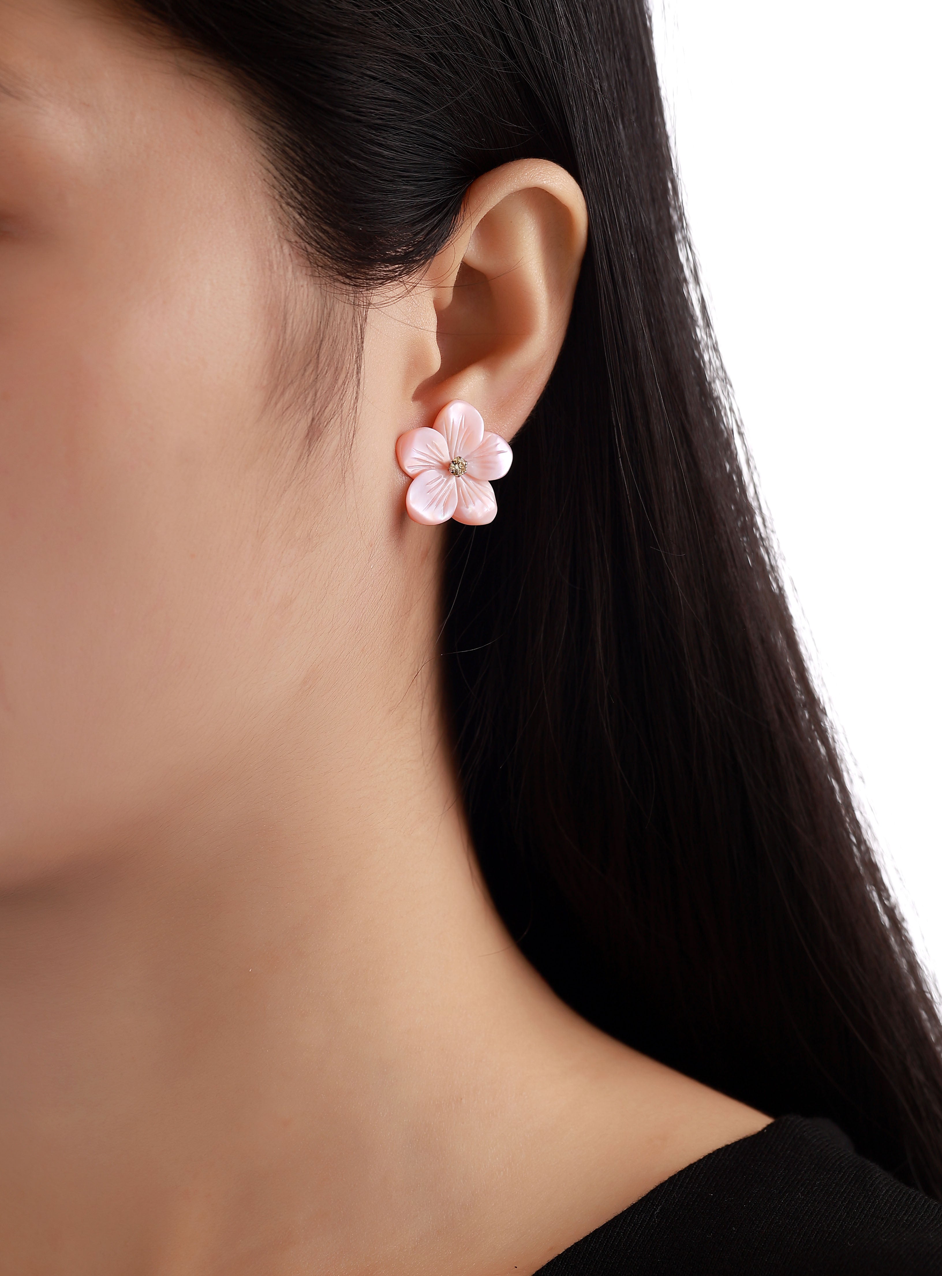 Cherry Blossom 18K Gold Diamond Shell Earrings