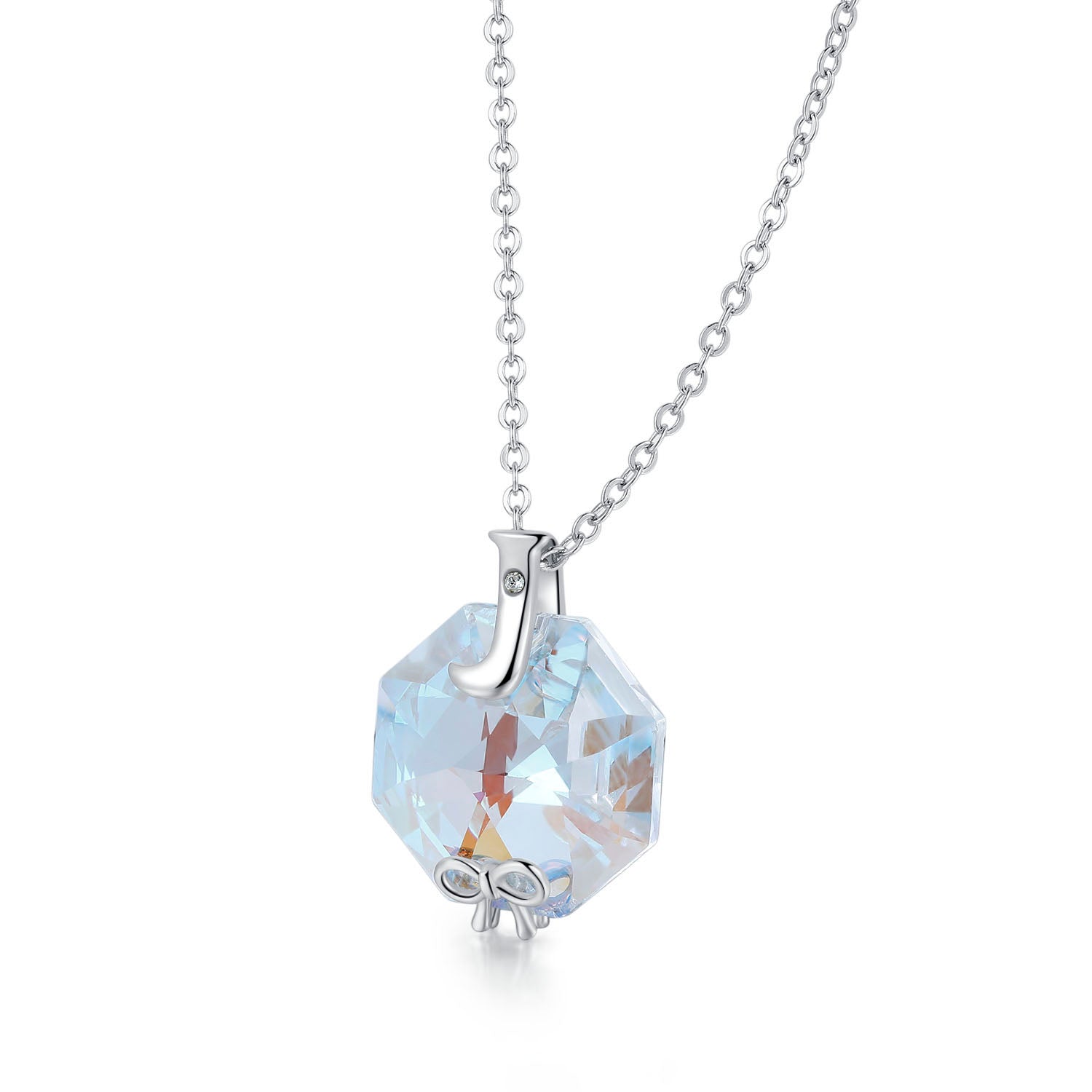 Planet J Hexagon Small Bow Pendant Necklace with Crystals