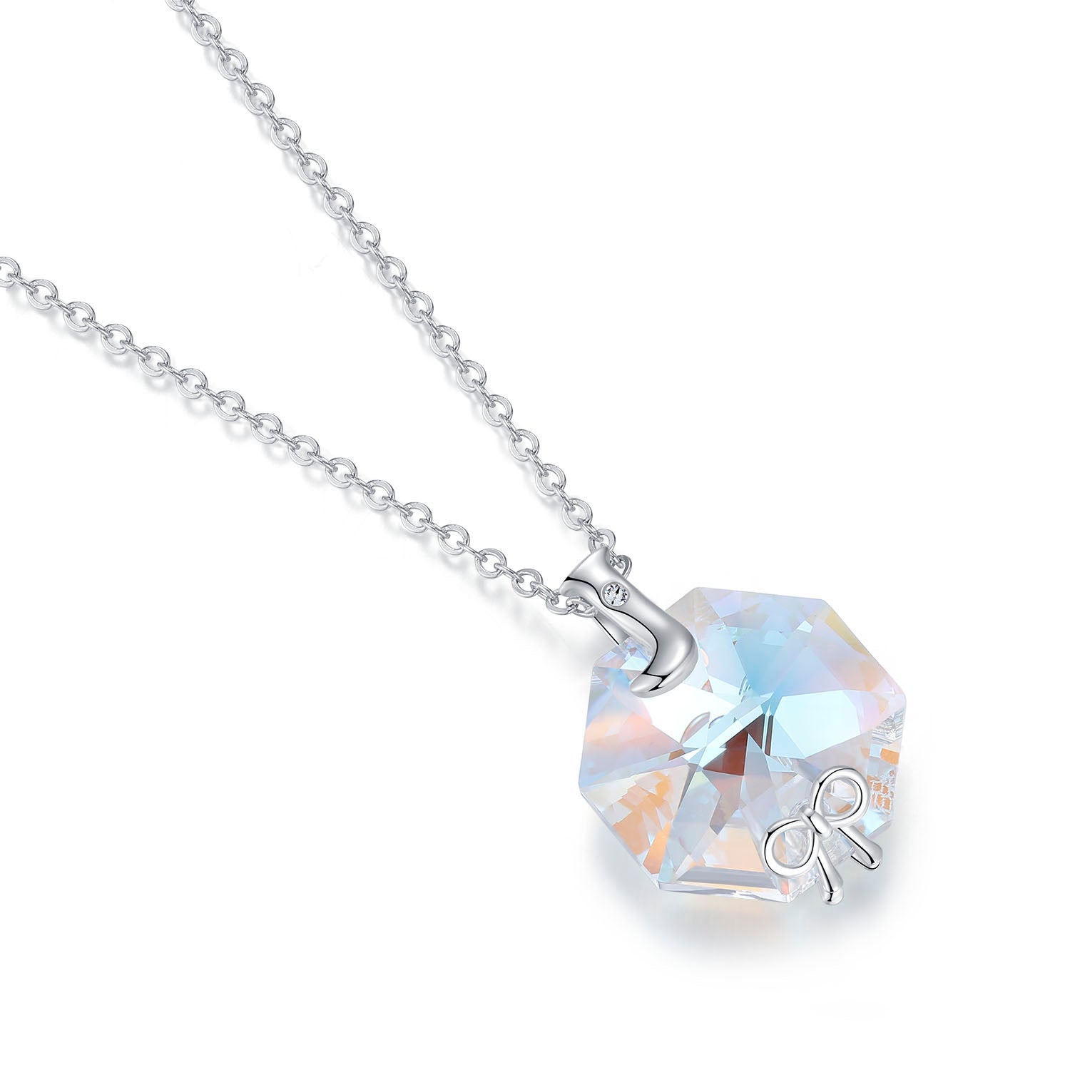 Planet J Hexagon Small Bow Pendant Necklace with Crystals