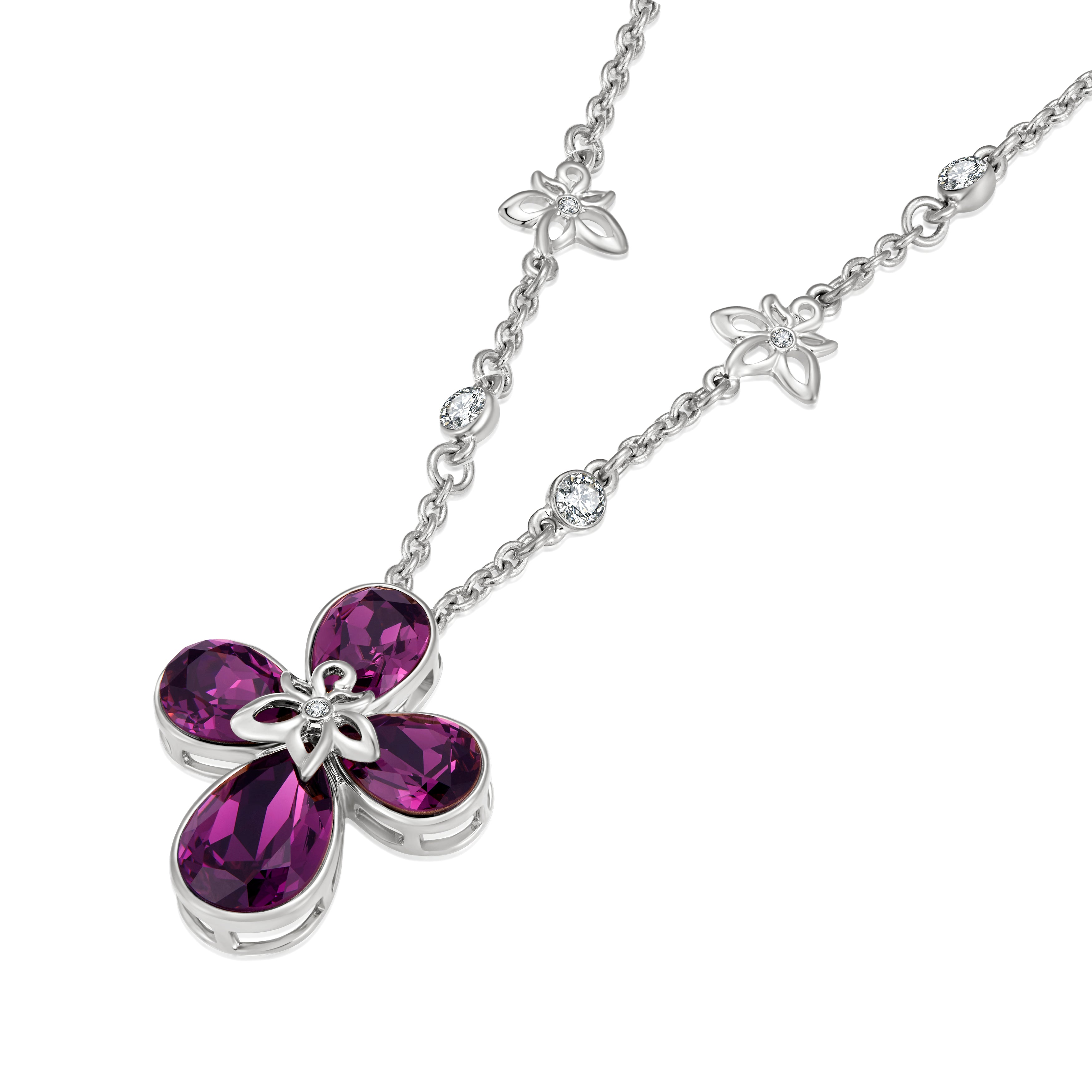 VICACCI White gold Four Leaf Clover Necklace，Embellished with crystals ; Lucky purple crystals