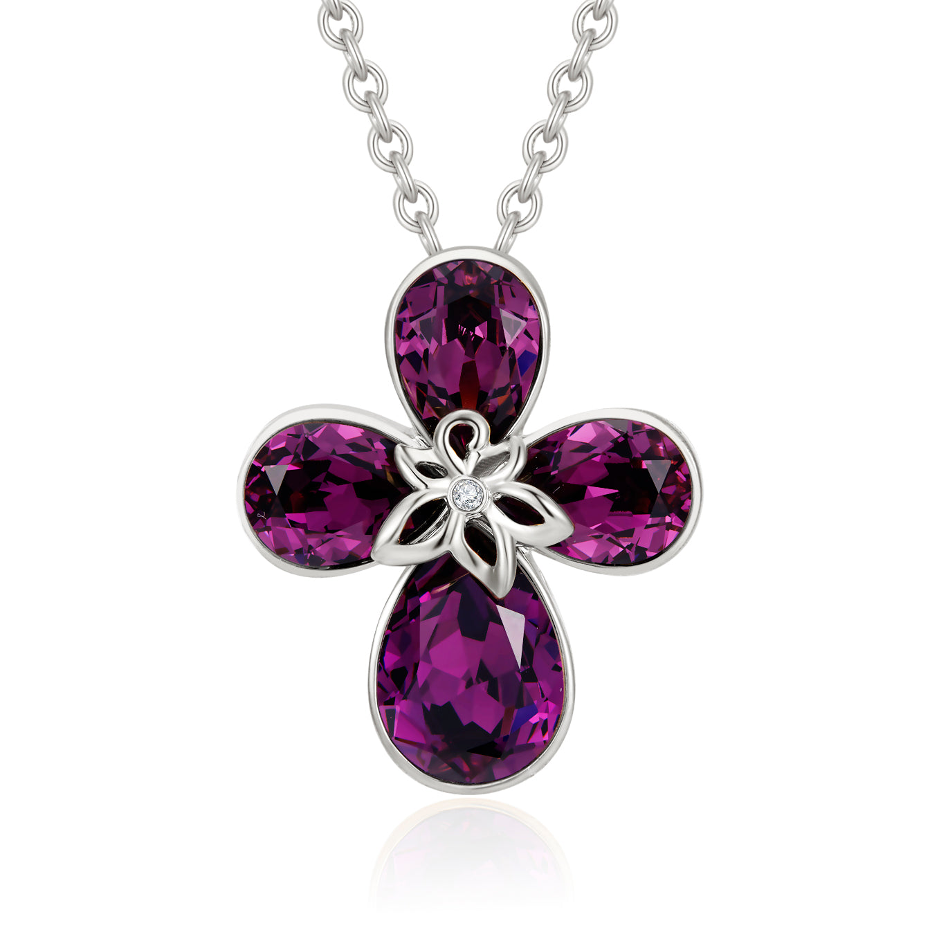 VICACCI White gold Four Leaf Clover Necklace，Embellished with crystals ; Lucky purple crystals