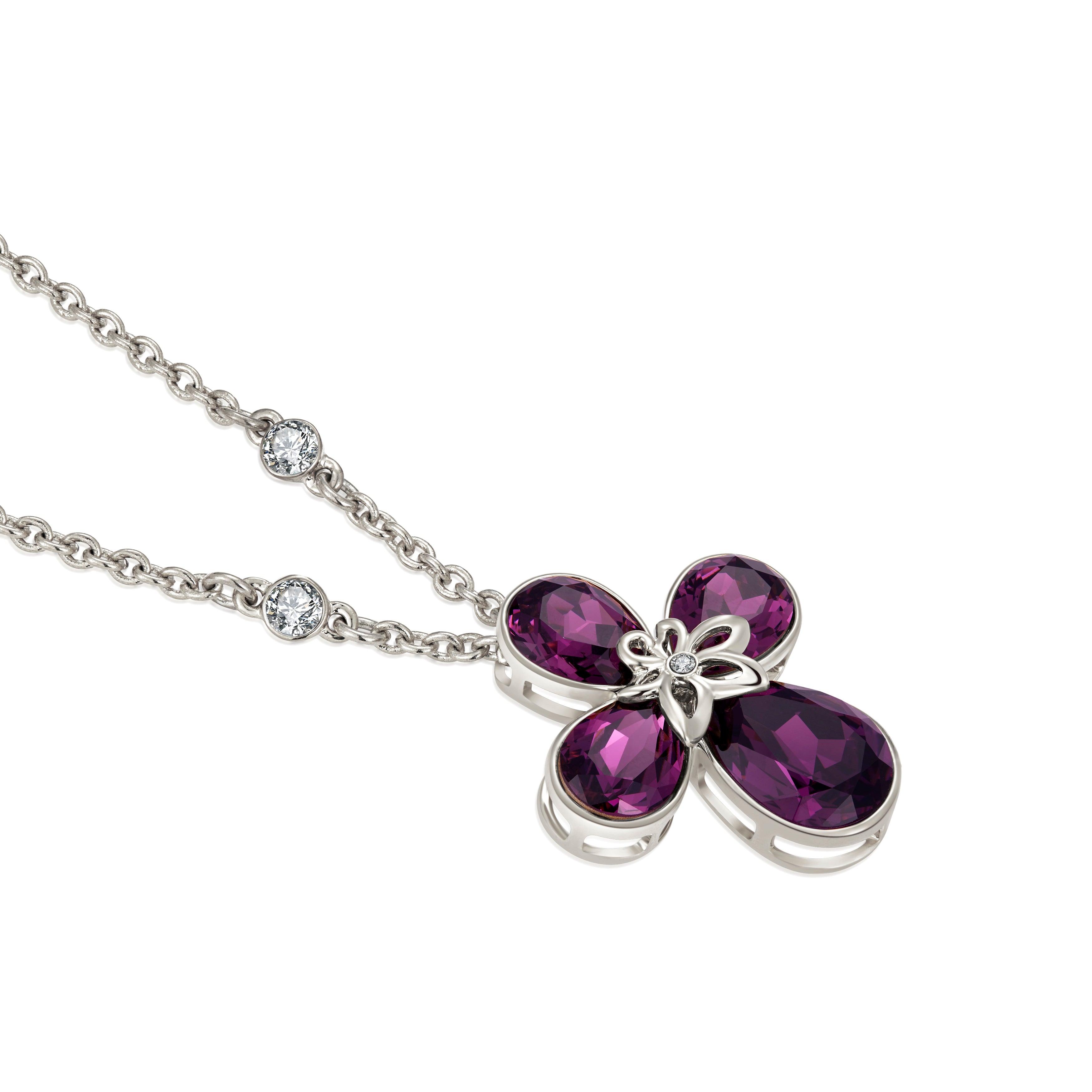 VICACCI White gold Four Leaf Clover Necklace，Embellished with crystals ; Lucky purple crystals